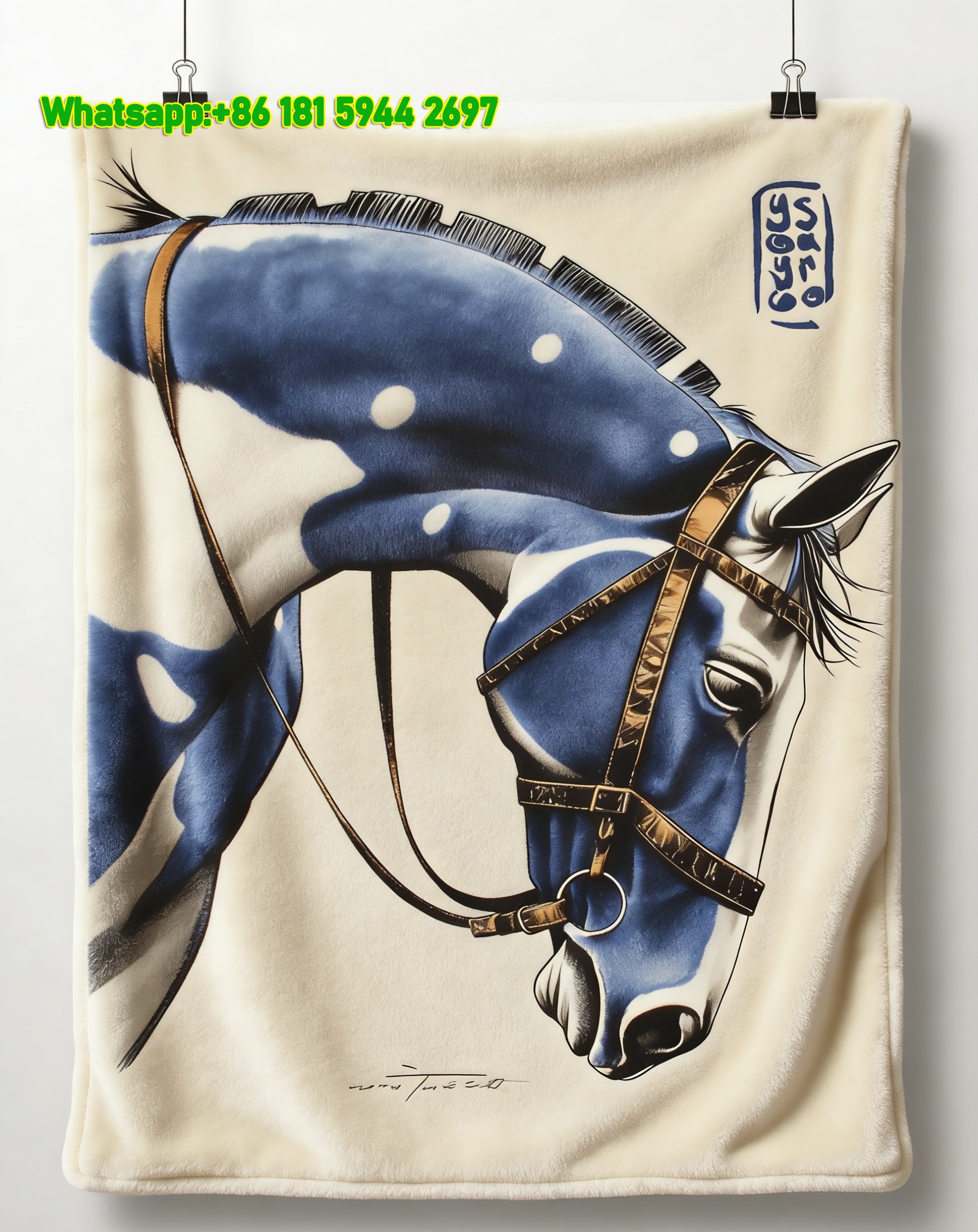 Hermes Blue Spotted Horse Flannel Throw Blanket IMG_5284